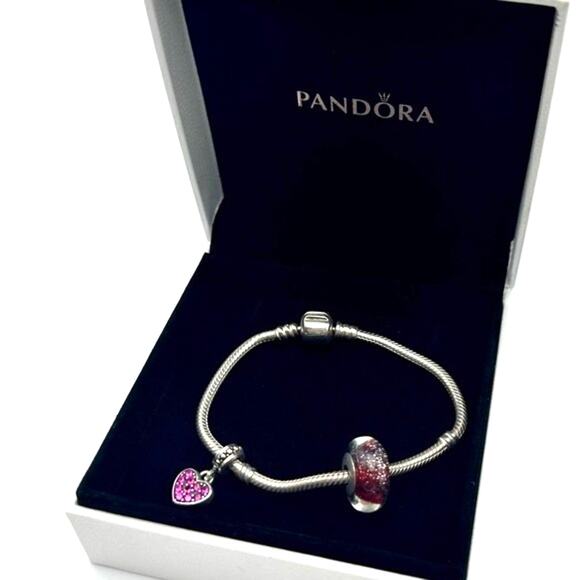 Pandora Sterling Silver Bracelet w/ Red Rhinestone Pave Heart Dangle Charm - Picture 1 of 8